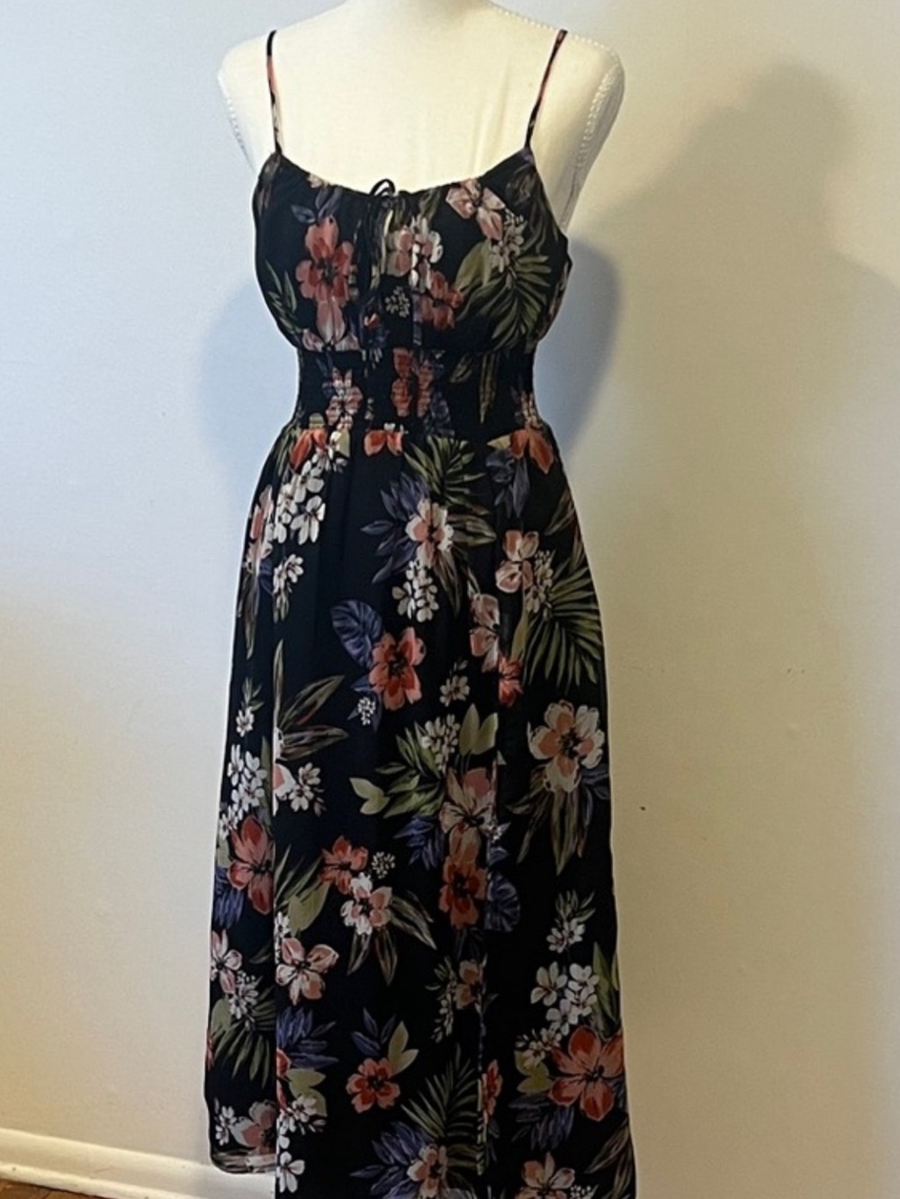 Patrons of Peace Floral Black Midi Sundress w/Spaghetti Straps, women’s XS